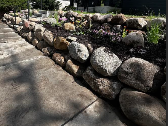 Boulder Wall & native flower bed, Minneapolis, MN.